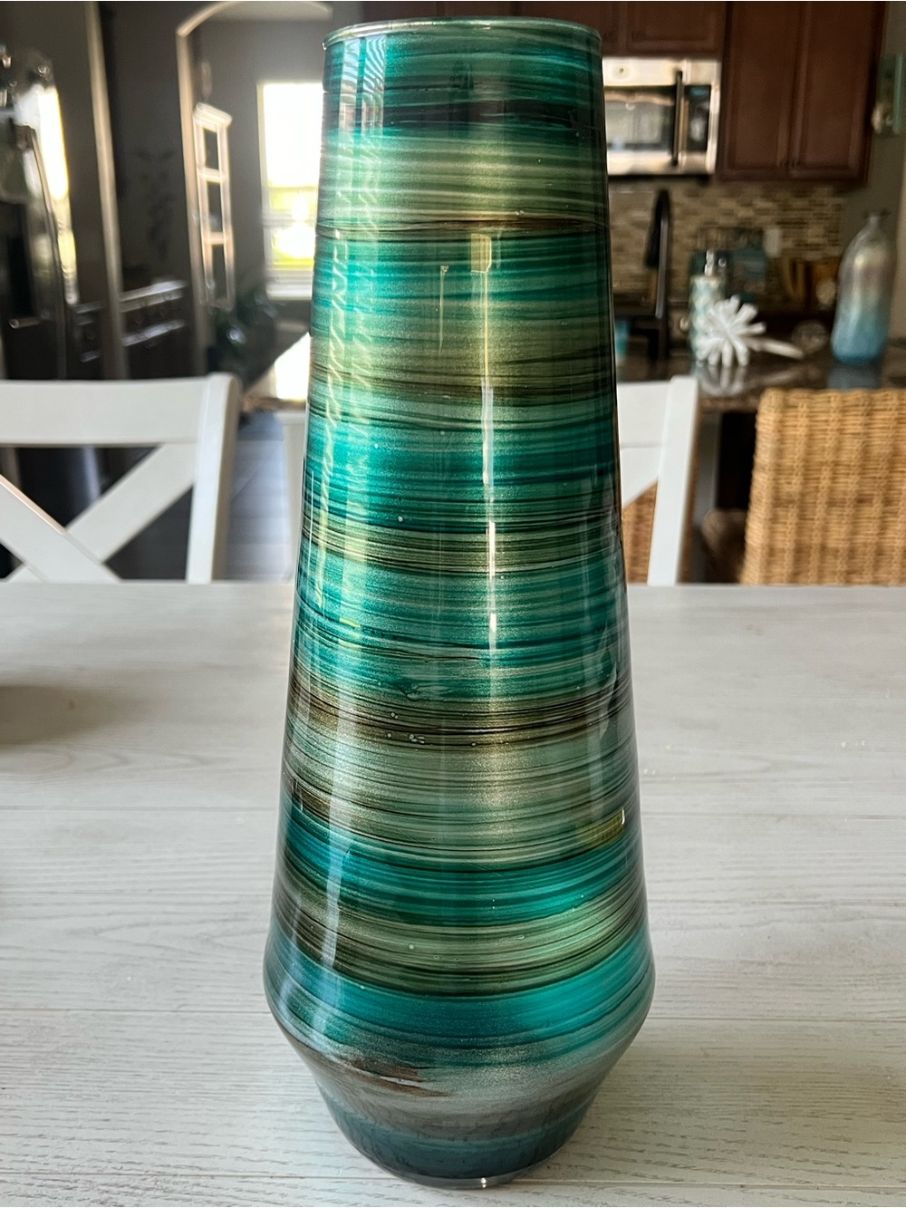 Tall Teal Green Brown Striped Glass Art Vase - 14”